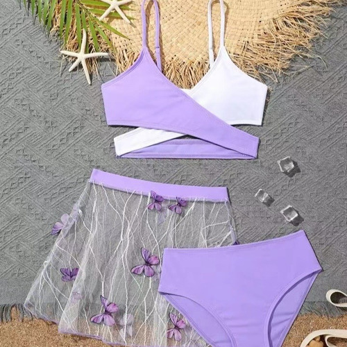 Bikini 3pcs Con Malla Y Falda Mariposa - Estilo Playa
