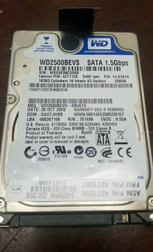 Lenovo 42t1580 250gb 2.5  5400rpm Sata Laptop Hard Drive Ttq