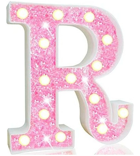Letra Decorativa Con Luz Led Plastico Rosa Glitter Letra R