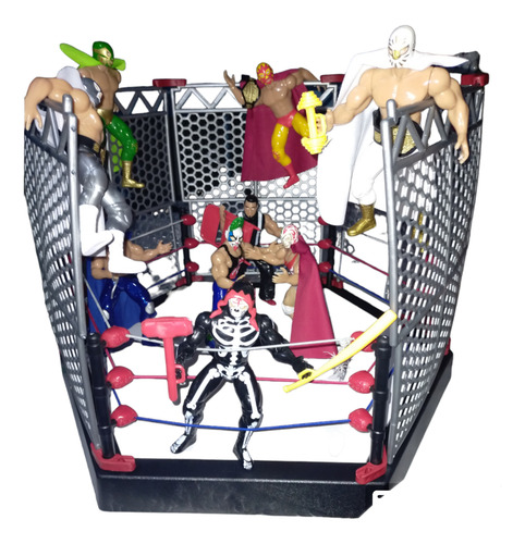 Ring De Jaula Lucha Libre + 2 Luchadores + Accesorios 50cm