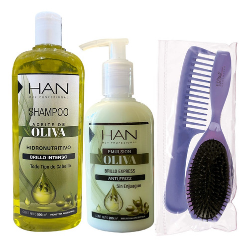 Han Shampoo + Creima De Peinar Oliva Antifrizz + Kit Peine