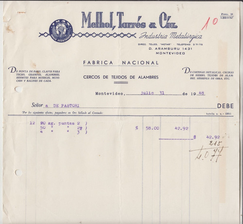 1948 Factura De Metalurgica Methol Tarres & Cia Montevideo