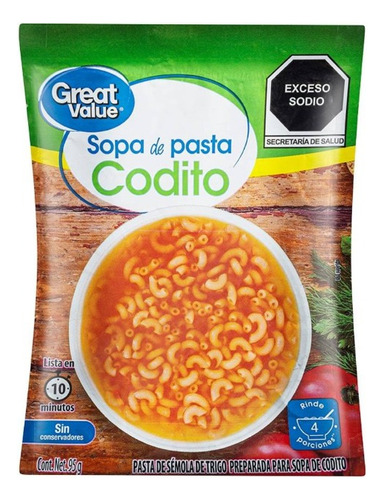 Sopa De Pasta Great Value Codito 95 G