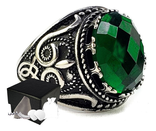 Combo Anillo Estilo Turco Elegante De Lujo Verde Acero Inoxd