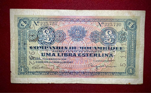 Billete 1 Libra Esterlina Mozambique 1934 Pick R31 Beira (Usado)