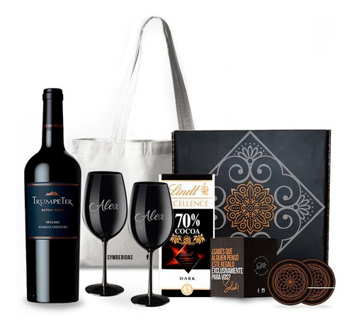 Box Trumpeter Malbec Copas Negras Grabadas Chocolates Kit 