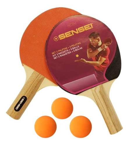 Set X2 Paletas Ping Pong + 3 Pelotitas Sensei  Tenis Mesa 
