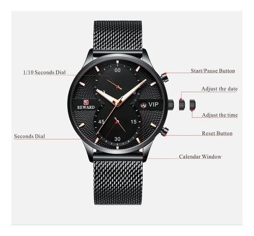 Reloj De Calendario Con Cinturón De Malla Reward Para Hombre Color de la correa Negro