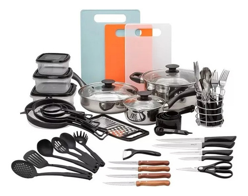 Batería De Cocina Hotspot 64 Piezas Set Z629 Olla Utensilios Color Negro