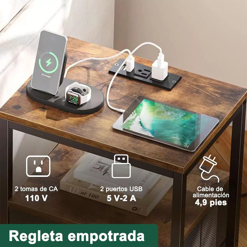 Banna Mesilla De Noche Vintage De 60 Cm Estación De Carga Con 2 Tomas De Corriente Y 2 Puertos Usb Energía A Tu Alcance 4 Zonas De Almacenamiento Robusta Y Estable