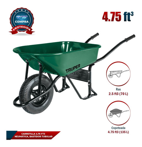 Carretilla 4.75 Ft3 Neumática, Bastidor Tubular,truper 11761