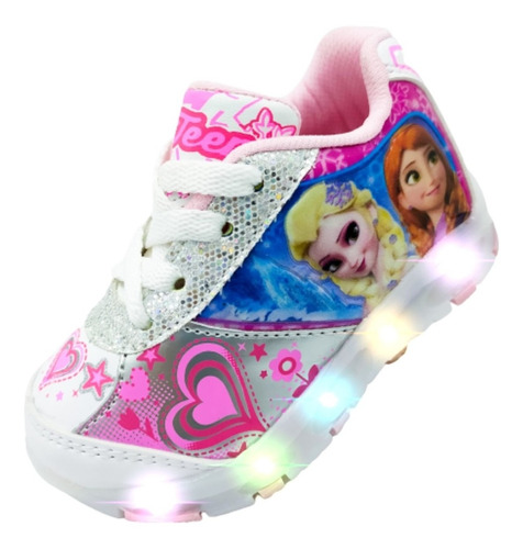 Tenis Niña Elsa Y Ana Princesas Luces Led Moda 709-br Blanco