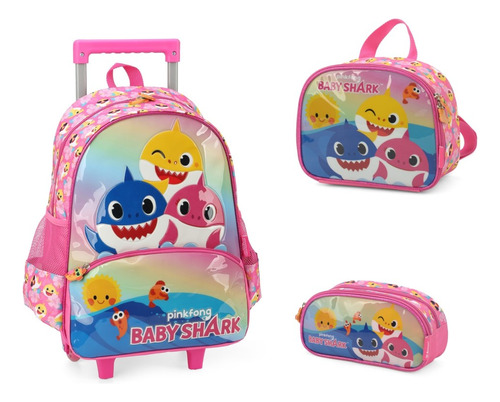 Kit Mochila Rodas Lancheira Estojo Infantil Baby Shark 39002