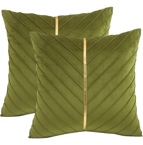 Fundas De Cojin Verde Olivo Con Franja Dorada 60x60cm 2 Pzs