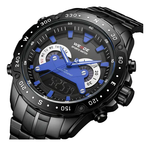 Relógio Masculino Relógio Weide AnaDigi WH8501B – Preto/Azul, Resistente à Água, Cronômetro, Alarme Calendário