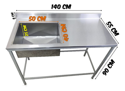 Mesa Acero Inoxidable 140x55 Cm Con Bacha Izquierda Y Zocalo