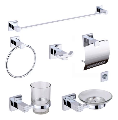 Set Accesorios De Baño 6 Piezas Cromado Cuadrado Nuvis