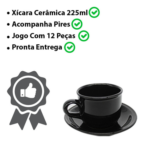 Imagem 2 de 7 de Jogo De Xícaras De Cafe Chá 12pçs Preta Com Pires Ceramica