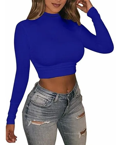 Mujeres Color S lido Cuello Alto Manga Larga Crop Top Slim P