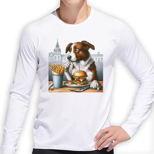 Remera Hombre Ml Perro Sentado A Punto De Comer En Bar