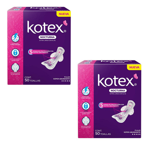100 Piezas Toalla Femenina Kotex Nocturna Con Alas