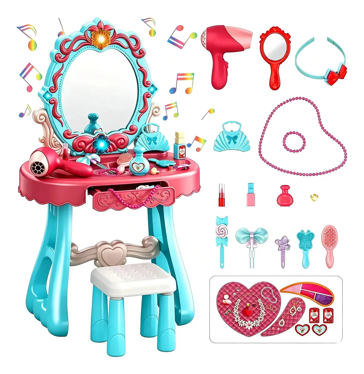 Tocador de Princesa Juguete para Niñas con Espejo, Secador y Accesorios de Maquillaje, Juego de Simulación, Regalo Ideal 3+ Años
