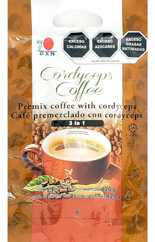 DXN Café Cordyceps 3 en 1 | Café Instantáneo Soluble Cargado con Cordyceps | Mushroom coffee con hongos Adaptogenos | Cafe de Champiñones Orgánico y Aromático | 20 Porciones Por Empaque