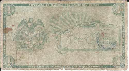 Colombia 1 Peso Banco Del Estado Popayán 1900 (7 Dígitos)