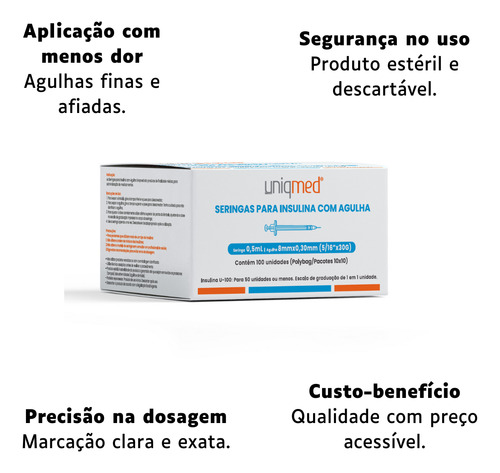Seringas Para Insulina Uniqmed 100u 0,5ml 8mm 30g Com 100 Un