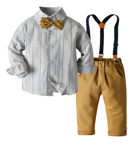 Conjunto De Camiseta A Rayas Con Pajarita Y Pantalones Con T