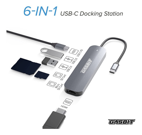 Gasbit Adaptador Multipuerto Usb 6 1 Corriente C; Hdmi;