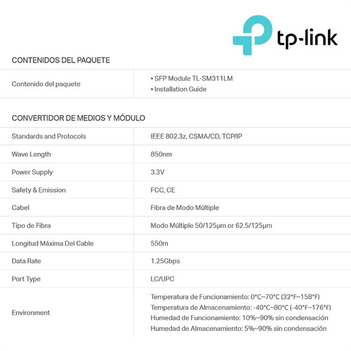 Módulo Sfp Mini-gbic Fibra Multimodo Lc, Tp Link Tl-sm311lm