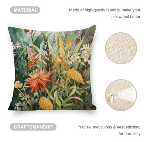 Funda De Almohada De Lino De 18x18 Pulgadas Con Flores Acuar