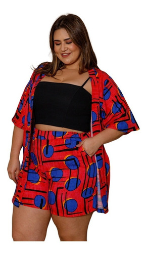 Conjunto Feminino Estampado Kimono E Shorts Plus Size Mazal