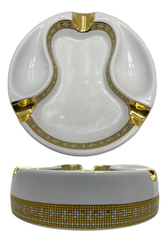 Cinzeiro De Mesa Redondo Luxo Charutos Branco E Dourado 20cm Liso