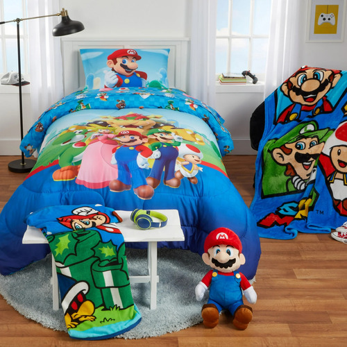 Juego Cama Mario Bros 6pz Matrimonial Edredon 2vistas Sabana Azul Mario Bros