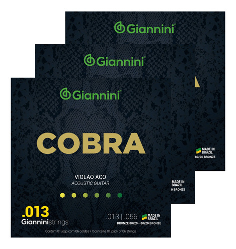 Kit 3 Encord Giannini Cobra Violão Aço 013 Bronze Ca82m Pn