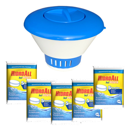 Kit Flutuador Clorador Para Piscina Com 5 Pastilha De Cloro