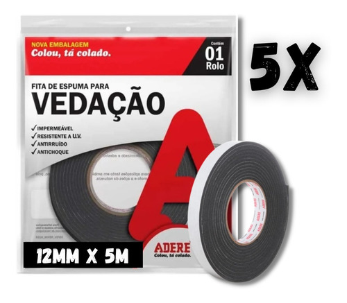 Fita Espuma Vedação Auto Adesiva Adere Cinza 12mm X 5m 05 Pç