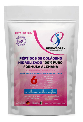 Péptidos Colágeno Aleman Hidrolizado 100% Puro En Polvo 420g Sabor Sin Sabor