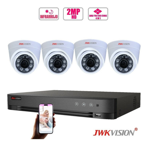 Kit 4 Cámaras Domo 2mp 1080p Jwkvision Para Interior