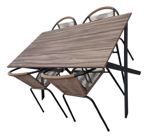 Juego Comedor Mesa Cruz Industrial + 4 Sillas Apoyabrazos Negro Rayado