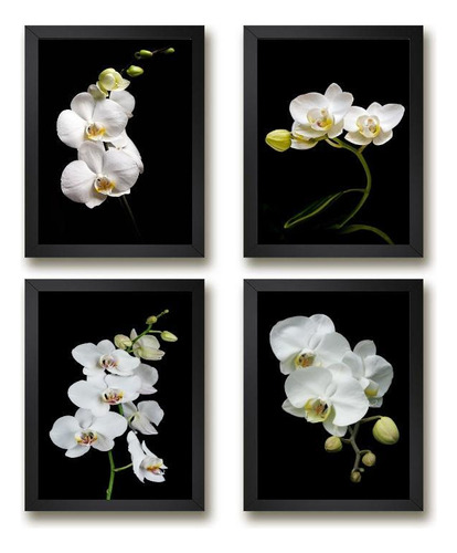 Kit 4 Quadros Orquídeas Florais 45x34cm Moldura Preta