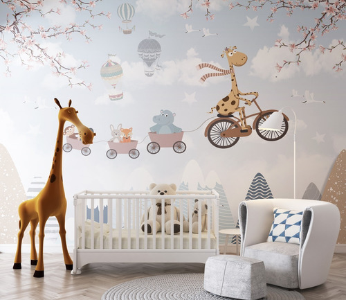 Imagem 5 de 5 de Papel De Parede Quarto Bebe Safari Balões Infantil Wt-02 M²