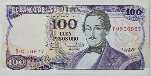 Billete 100 Pesos 01/ene/1980 Prefijo B Colombia Au