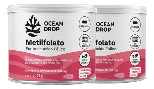 Kit 2x Metilfolato Vitamina B9 350 Mg 60 Caps - Ocean Drop Sabor Sem Sabor