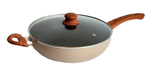 Wok Antiadherente 26 Cm Con Tapa Y Mango Simil Madera Carol