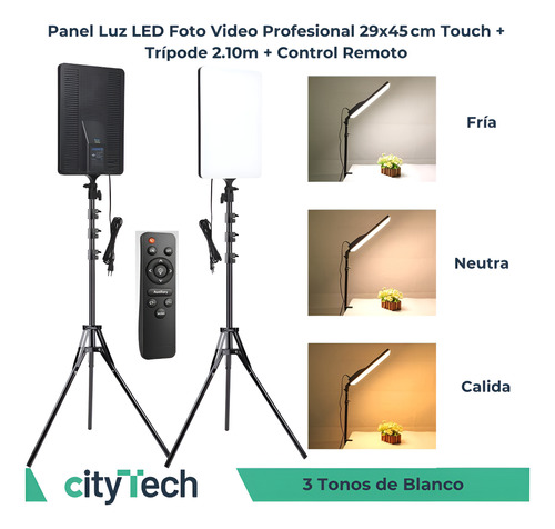 Panel Luz Led Foto Video Profesional 29x45cm Touch + Trípode Negro Blanco Neutro Frio Cálido