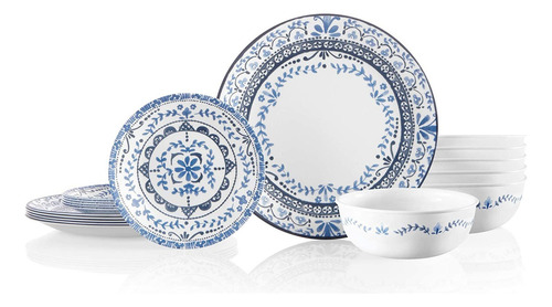 Set De Vajilla Corelle, Portofino, Blanco, Azul, 18 Pcs