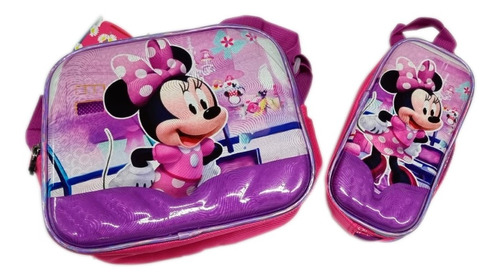 Combo X2 Lonchera + Cartuchera Minnie Mouse 3d Escolar Coleg